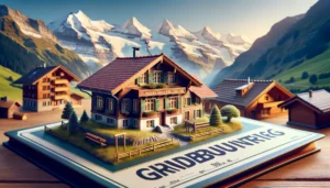 Traditionelles Schweizer Haus mit Alpen im Hintergrund
