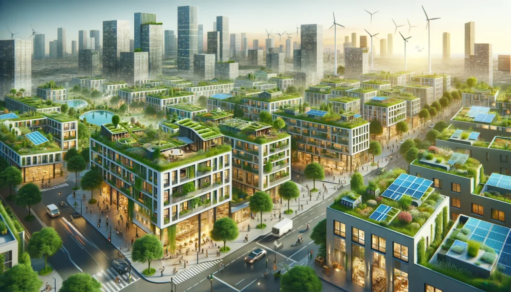 Ökofreundliches Stadtentwicklungsprojekt mit Gründächern und erneuerbaren Energien